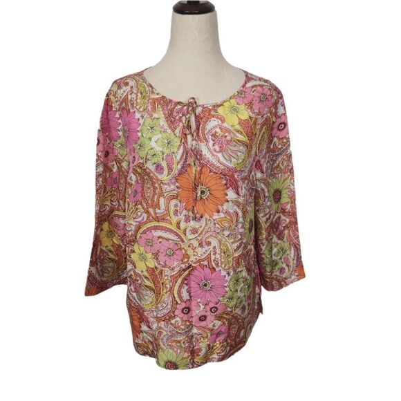 Talbots Tops - Talbots Pink Colorful Floral Retro Print Silk Blouse Top Small